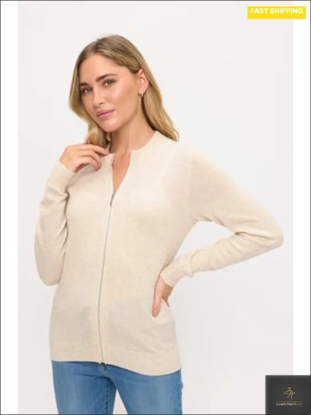 100% Cashmere Long Sleeve Crew Neck Zip Cardigan